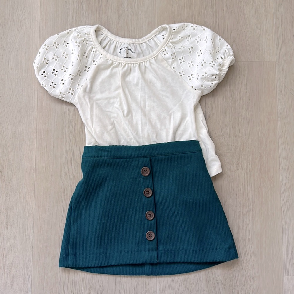 2T eyelet shirt with corduroy skirt